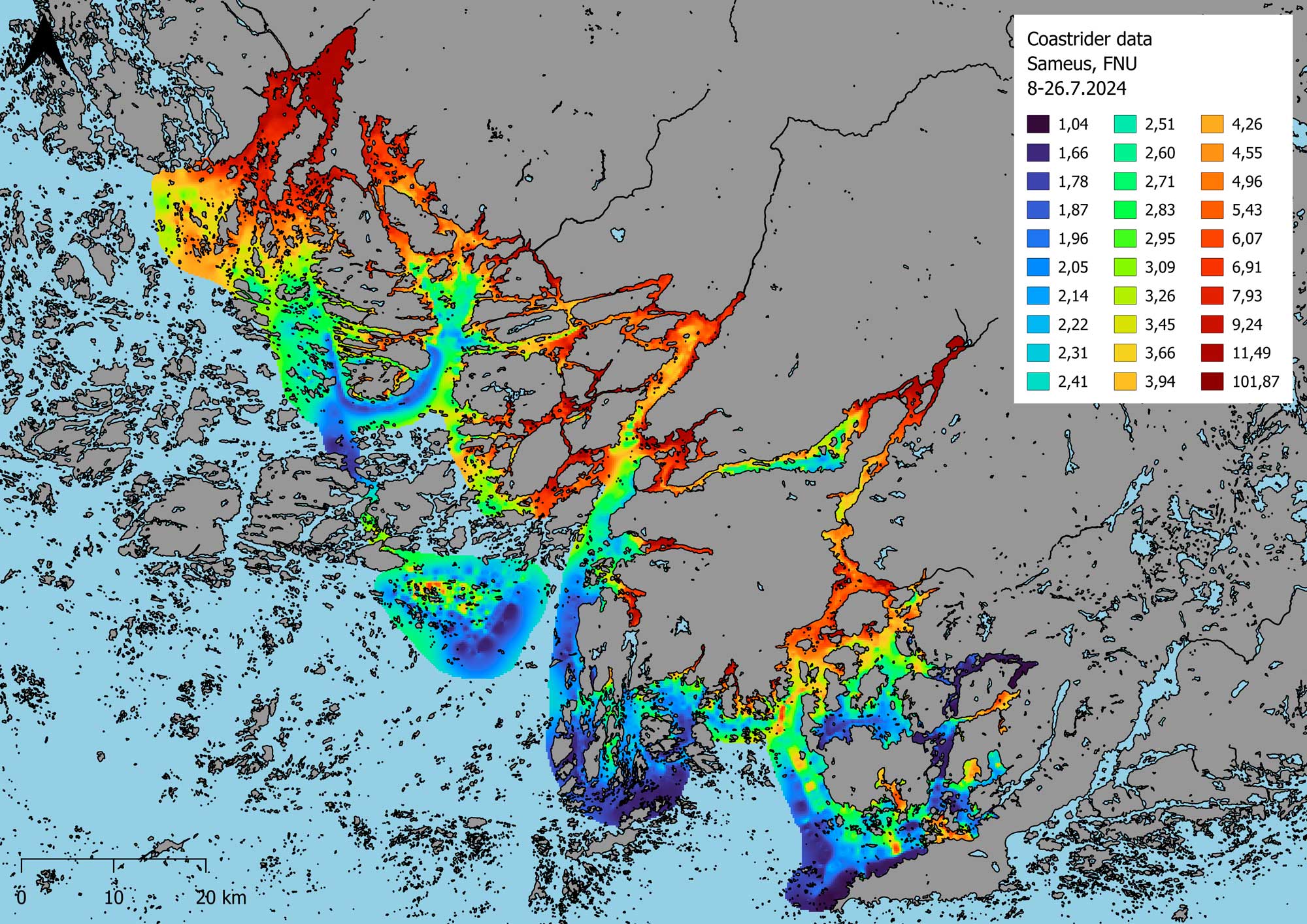 Kartta: Interpoloitu kartta sameuden vaihtelusta Saaristomerellä kesällä 2024. © Scheinin Matias