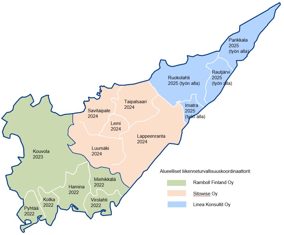 Kaakkois-Suomen kartta mihin on merkittynä alueen liikenneturvallisuustilanteiden tilanne. 