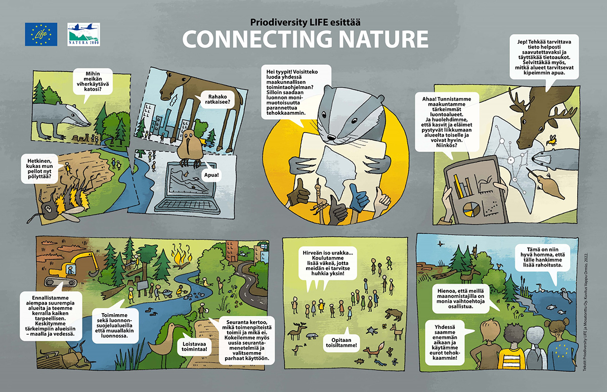 Priodiversity LIFE -hankkeen sarjakuvaesitys Connecting Nature.