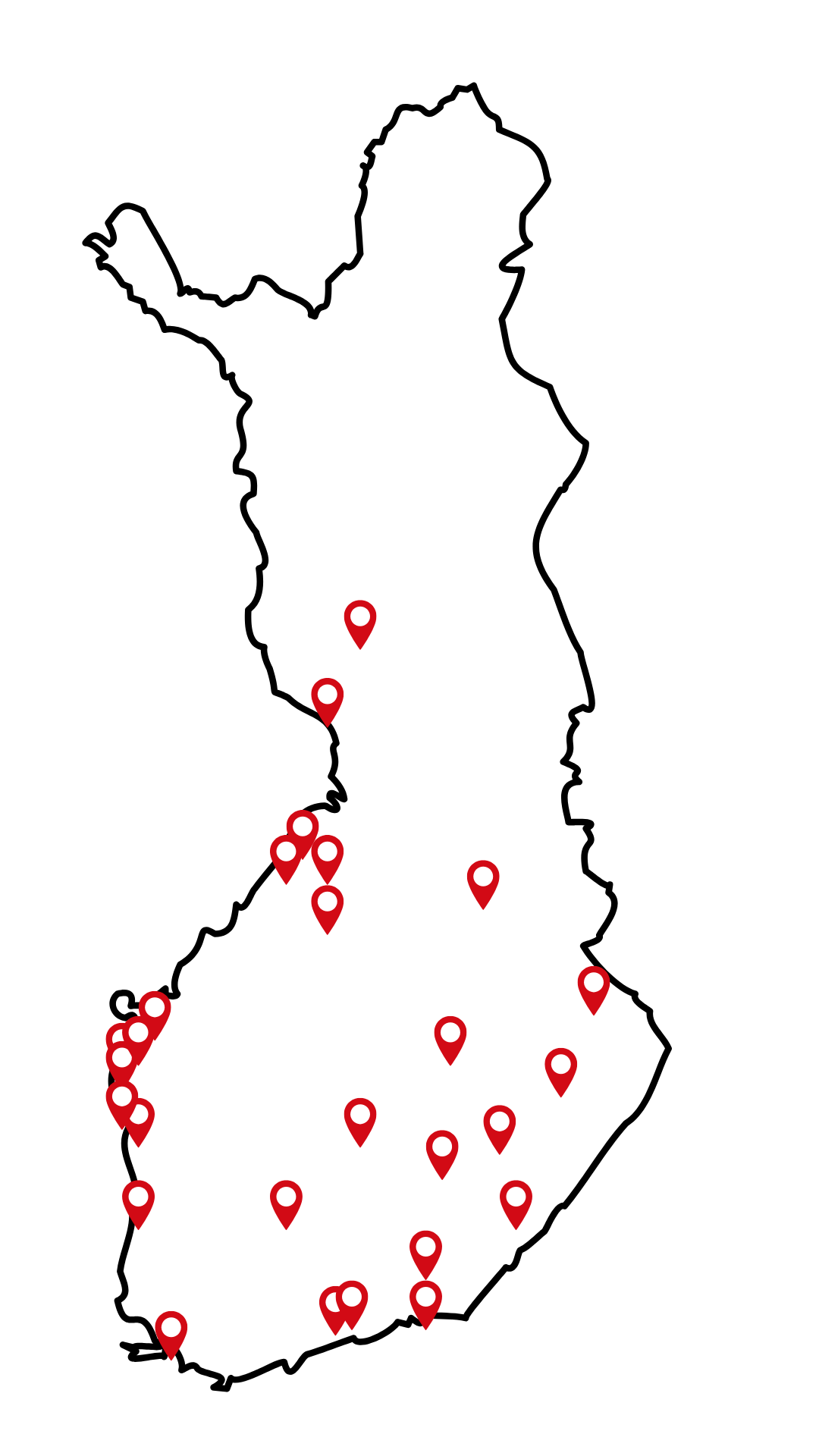 Suomen kartta, johon merkitty kunnat, joissa tiedonkeruuta järjestetty. Kunnat löytyvät tekstistä.
